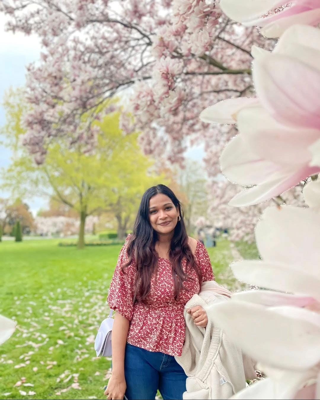 Samradhi Khare among cherry blossoms
